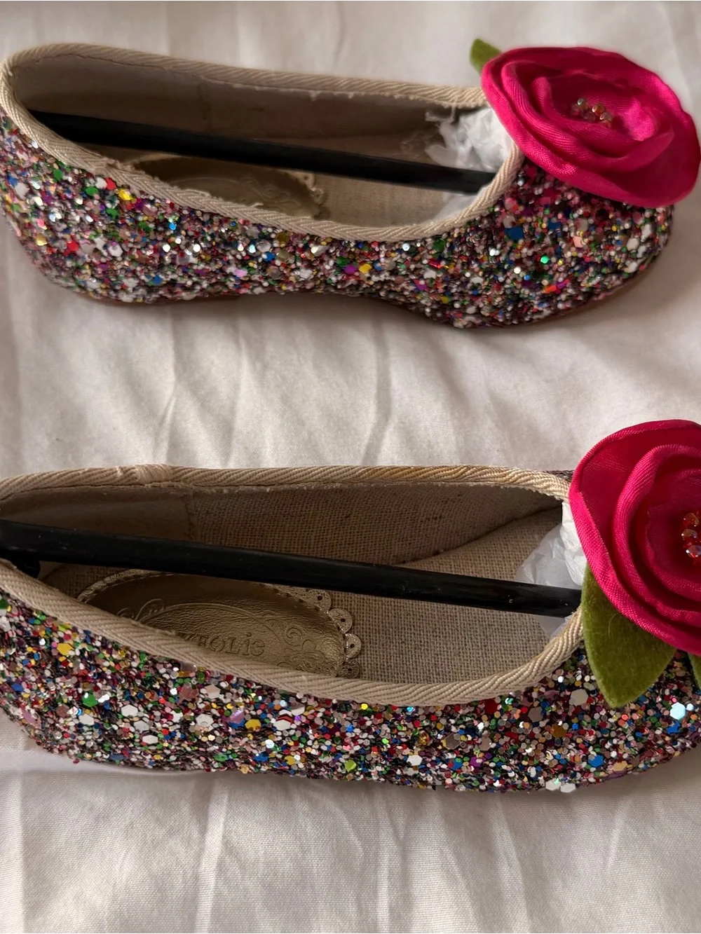 Brand New Joyfolie Charlotte Girls' Multicolor Glitter Flats with Pink Flower